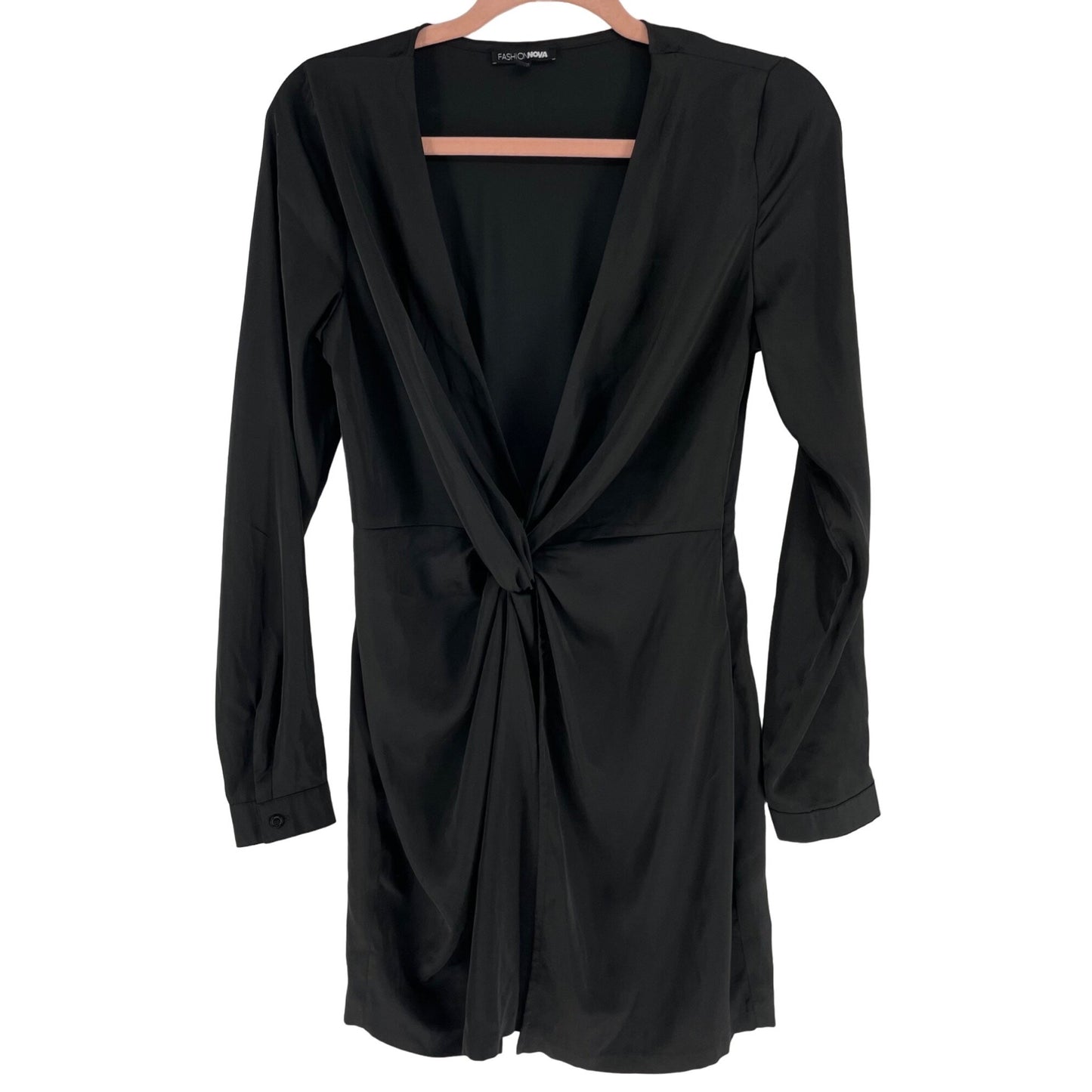 Fashionnova Women's Size Medium Black Deep V-Neck Silky Satin Dress