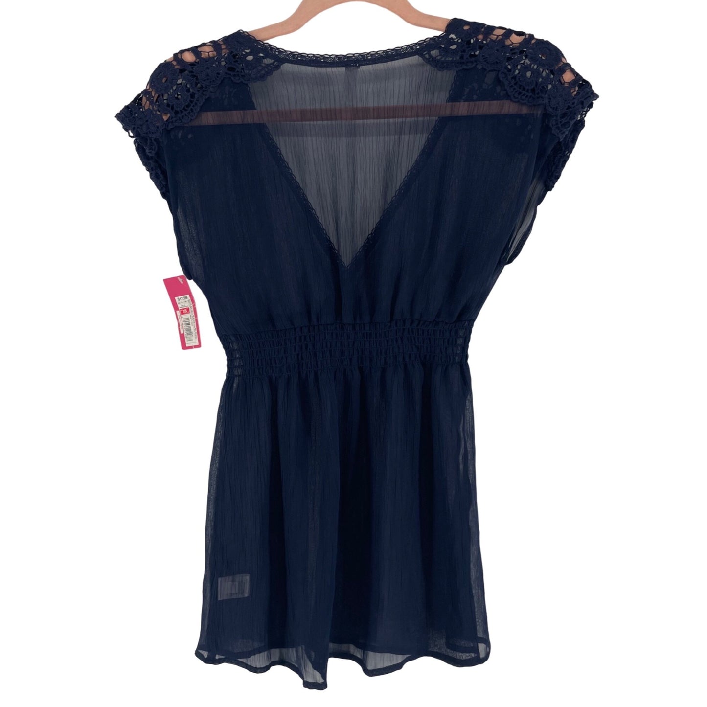 NWT Xhilaration Women's Size XS Navy Blue V-Neck Sheer Floral Lace Top