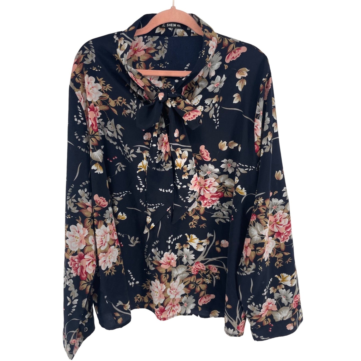 Shein 4XL Navy Blue/Multi-Colored Floral Long-Sleeved Blouse W/ Sash