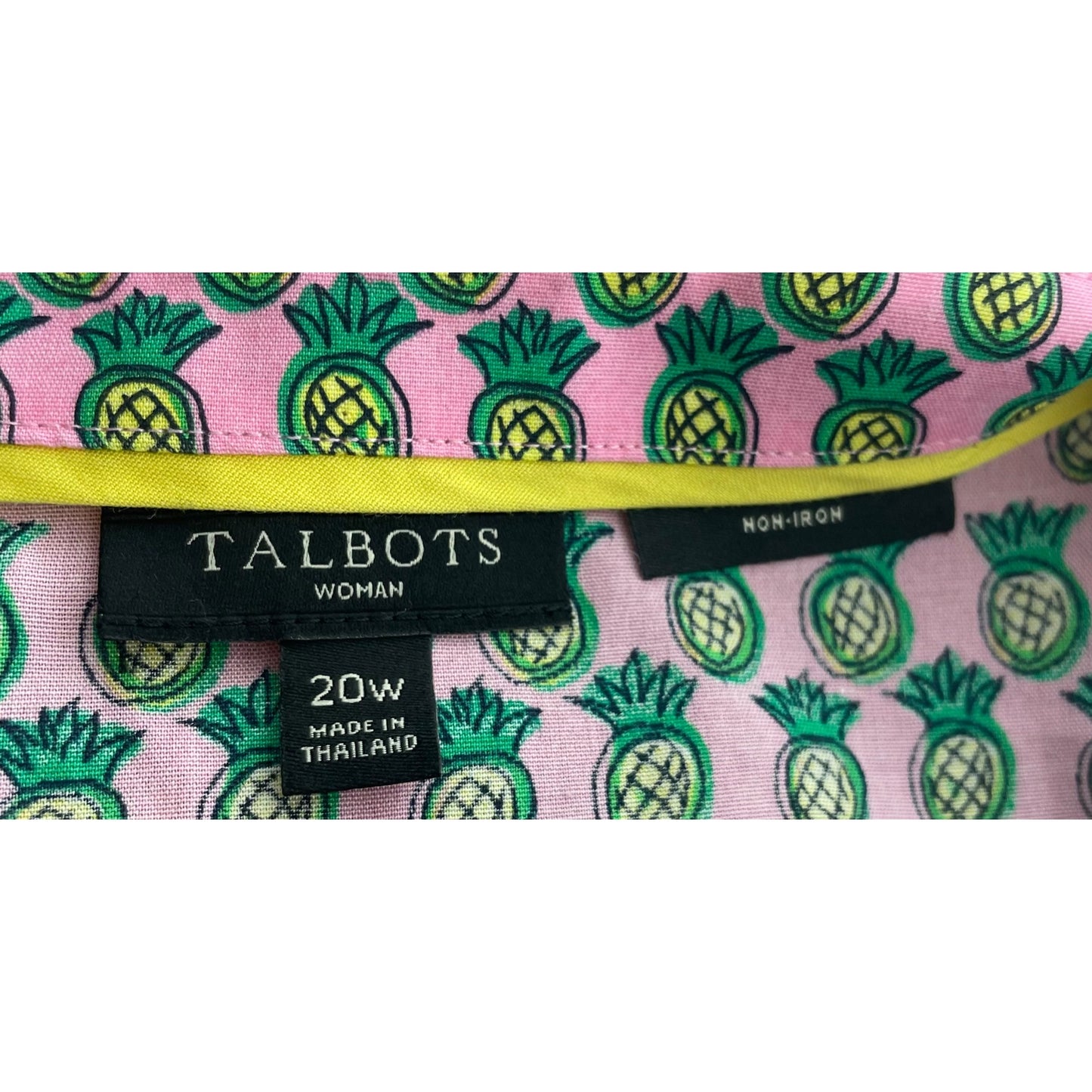 Talbots Women's Size 20W Pink/Yellow/Green Pineapple Print Sleeveless Button-Down Tank