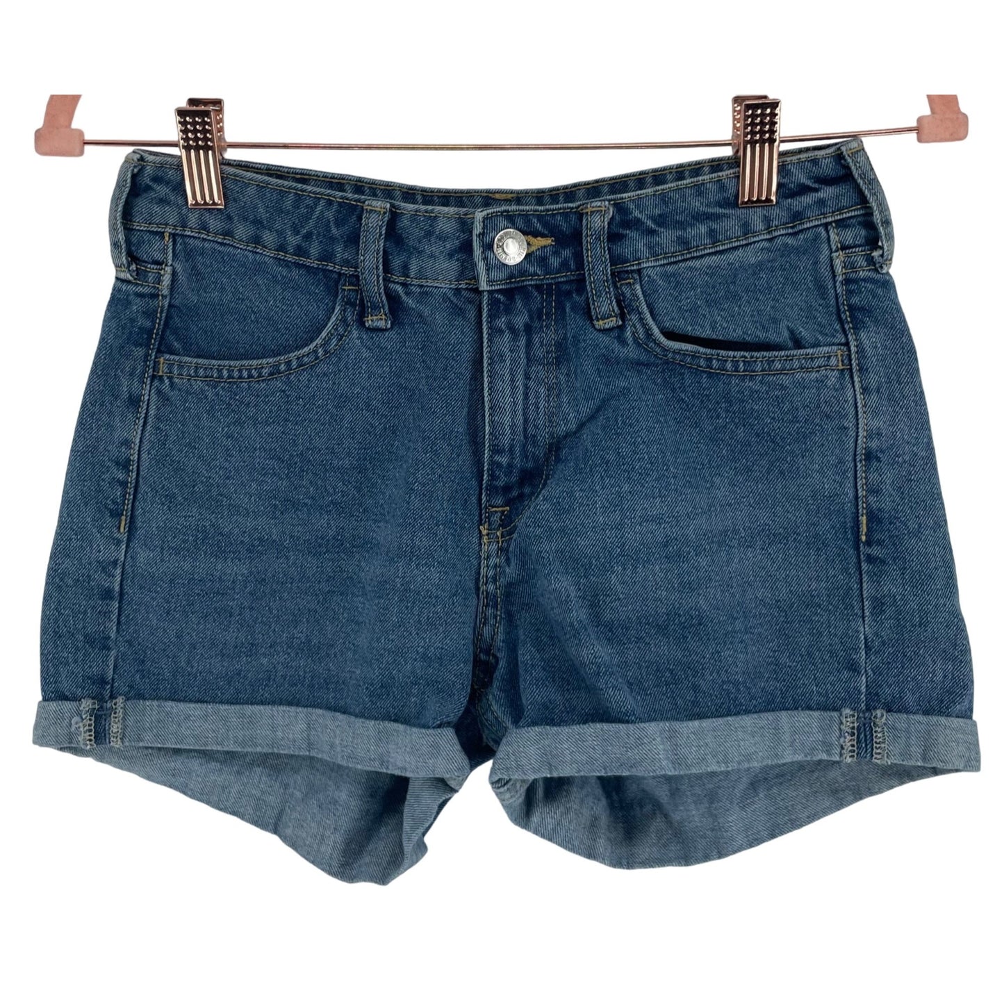 H&M Women's Size 2 Medium Wash Whiskered Roll-Up Denim Blue Jean Shorts