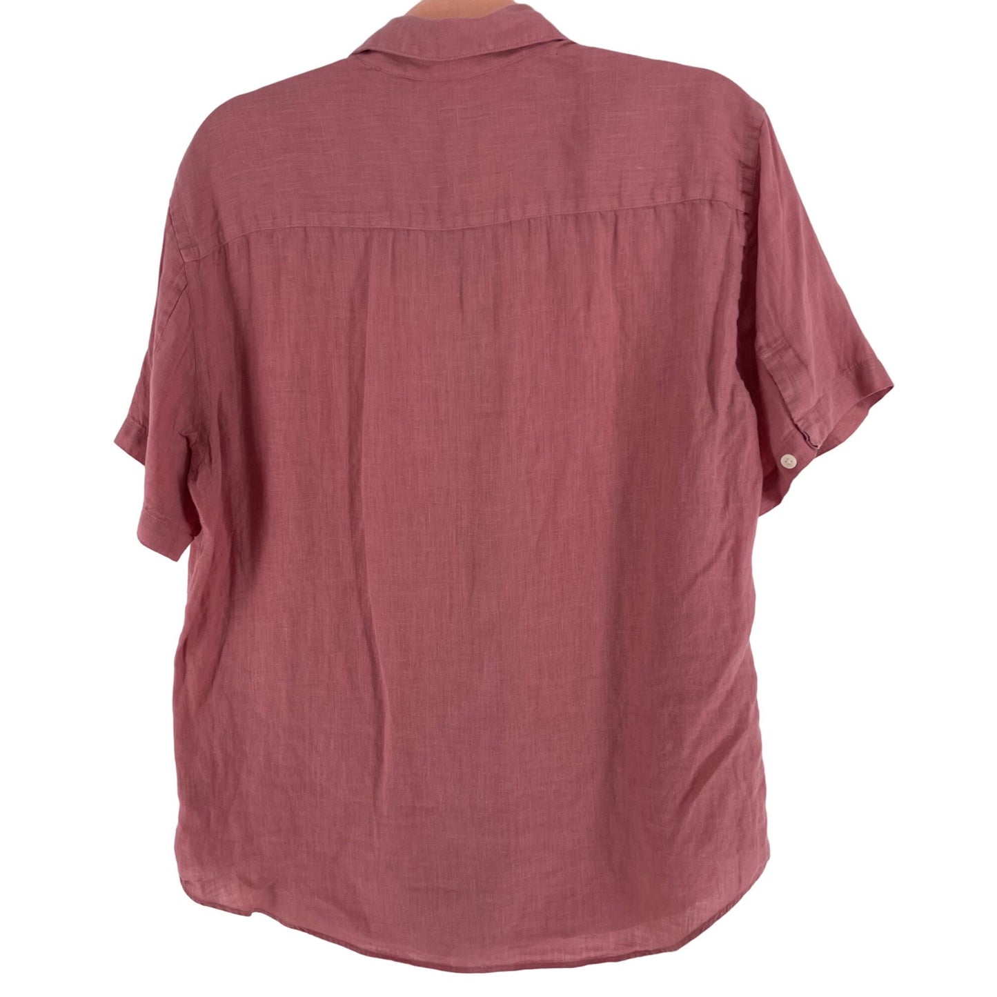 Theory Women's Size Large Pink Linen Collared Short-Sleeved Button-Down Top