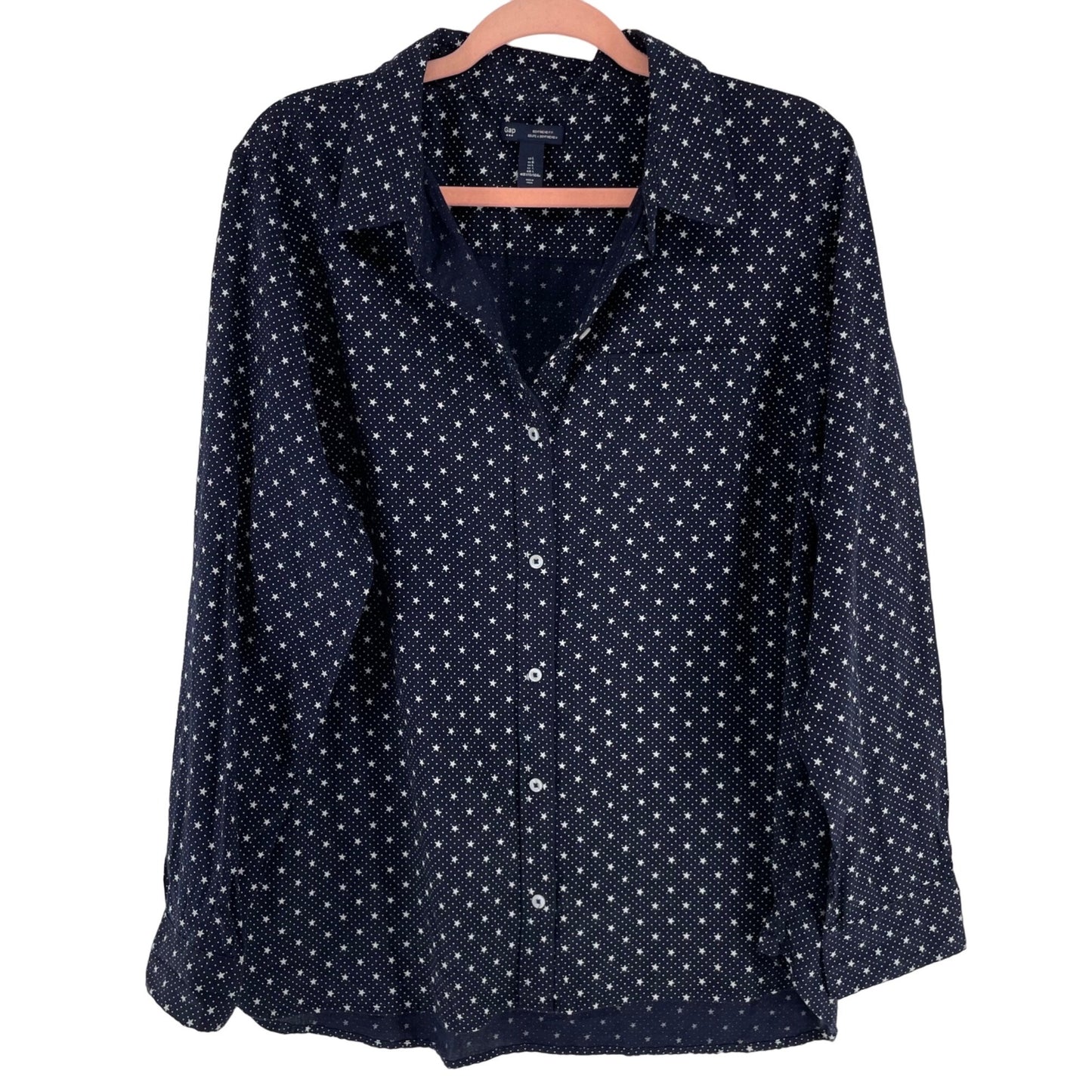 GAP Women's Size Large Navy Blue/White Star Pattern Long-Sleeved Button-Down Top