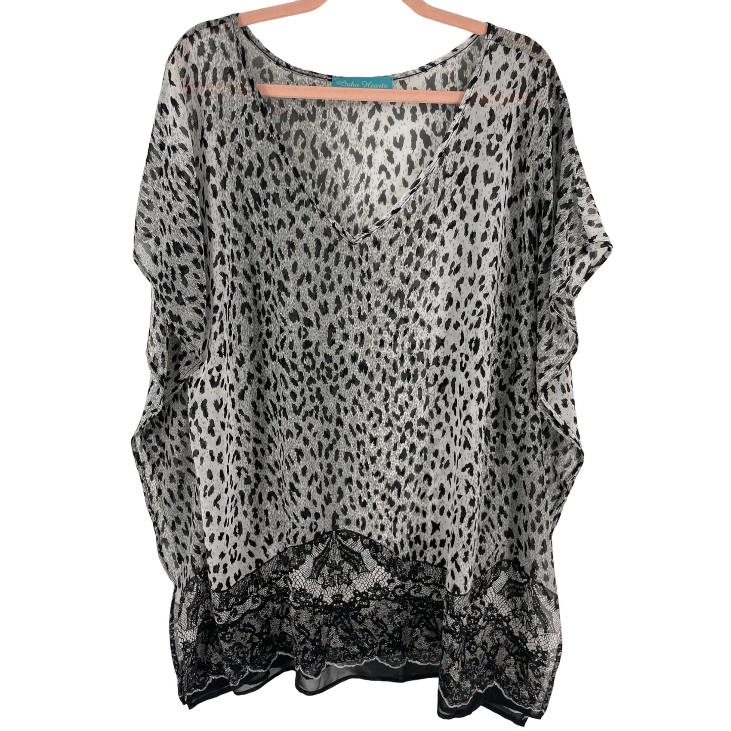 Soho Hearts Women's Size XL Black & White Leopard Print Lace Beach Cover-Up