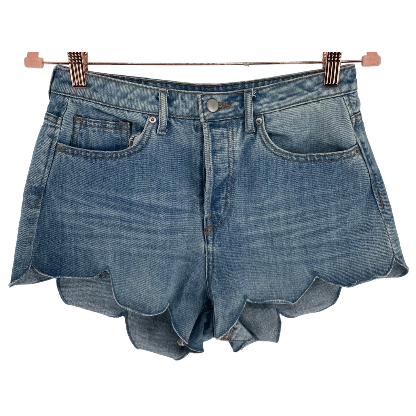 H&M Women's Size 6 Light Wash Whiskered Blue Jean Ruffle Trim Denim Shorts