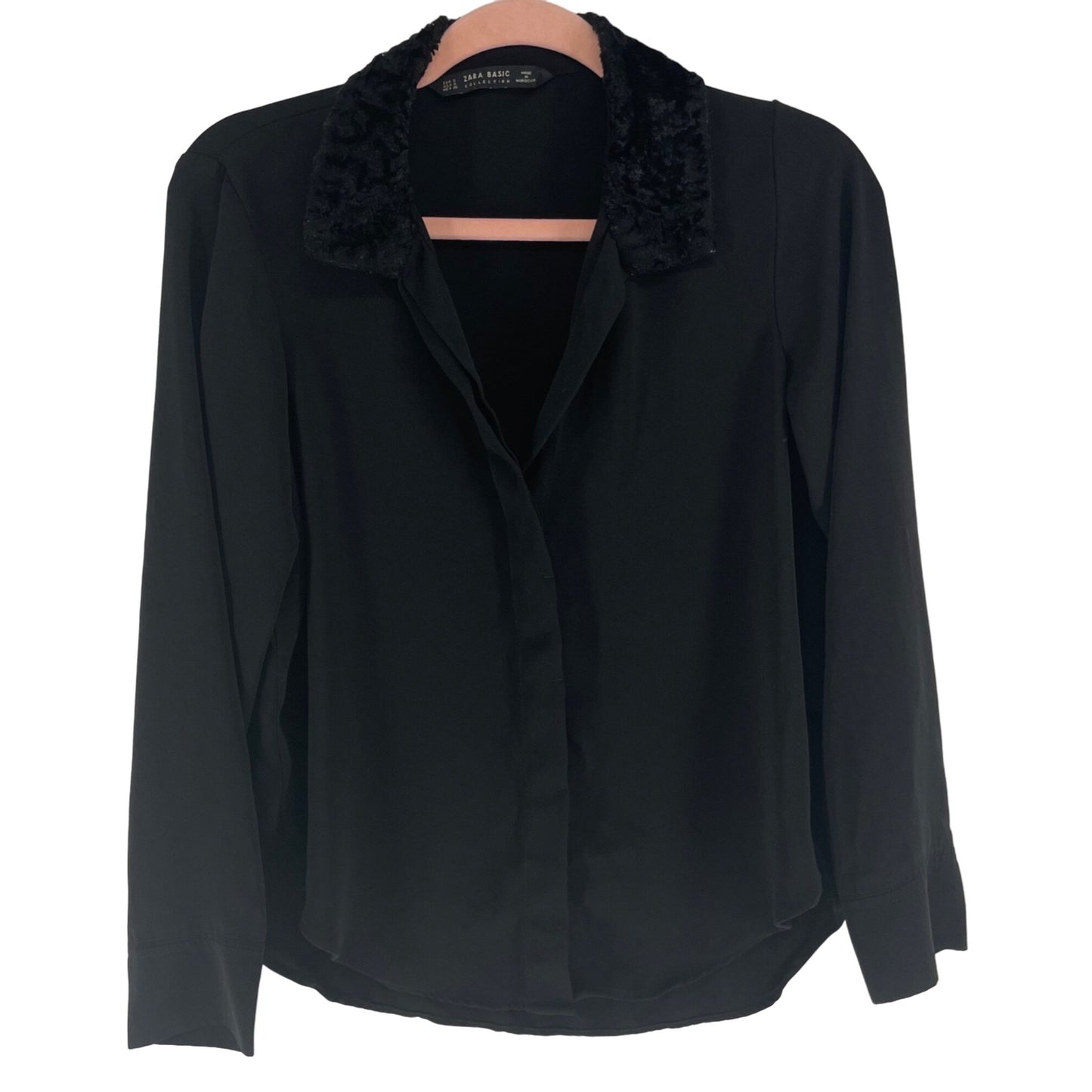 Zara Women's Size Small Black Long-Sleeved Button-Down Top W/ Faux Fur Collar