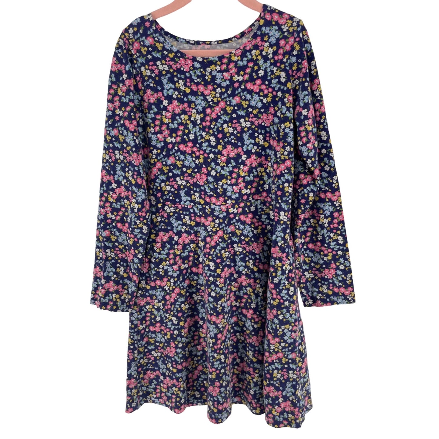 Land's End Girl's Size 7/8 Navy/Multi-Colored Floral Long-Sleeved A-Line Dress