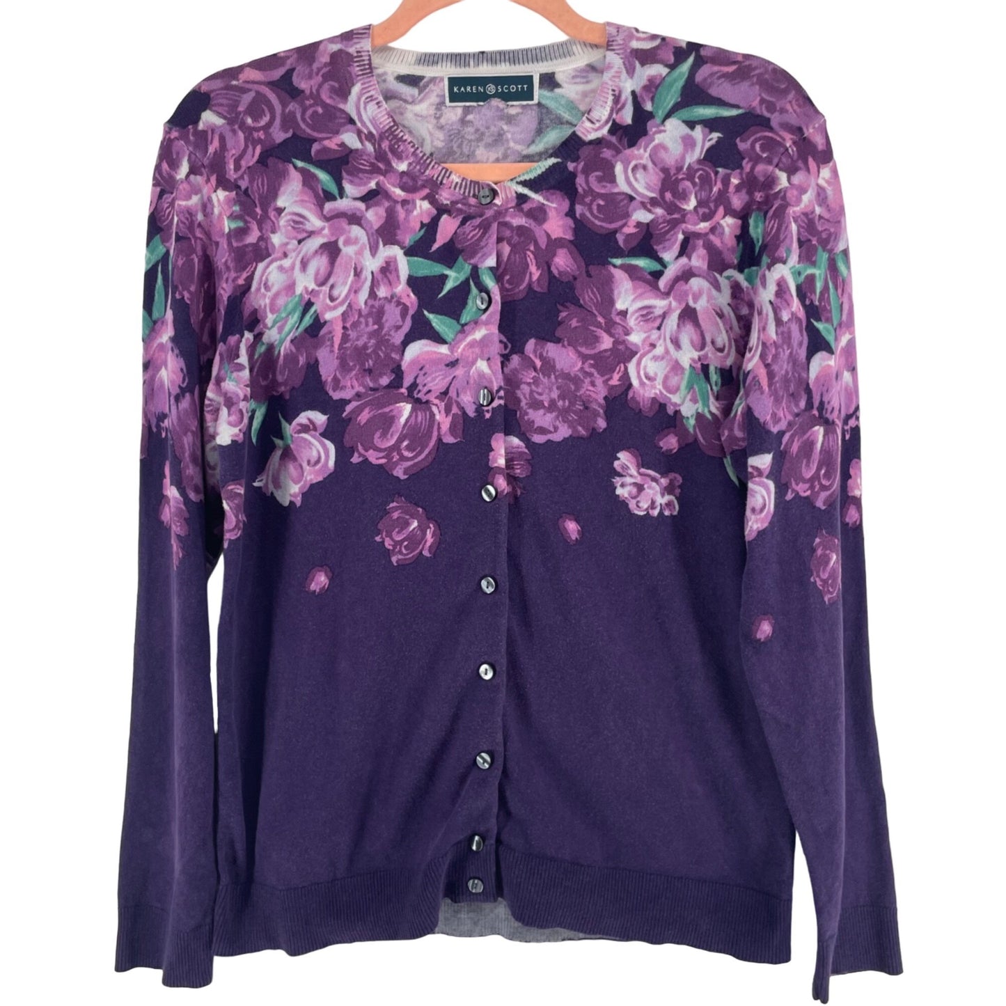 Karen Scott Women's Size Medium Purple Floral Button-Down Cardigan