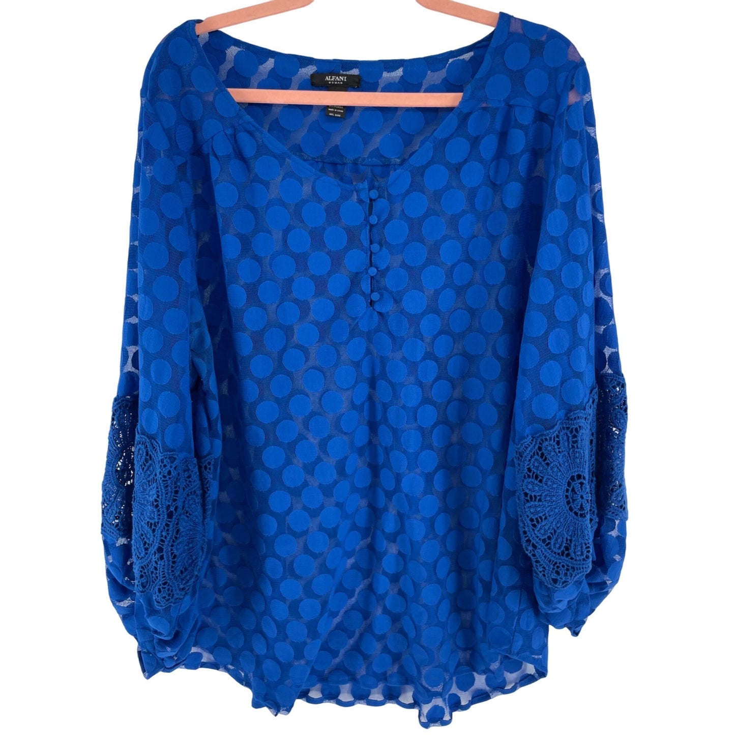 Alfani Women's 1X Cobalt Blue Sheer Polka Dot Top W/ Lace Sleeve