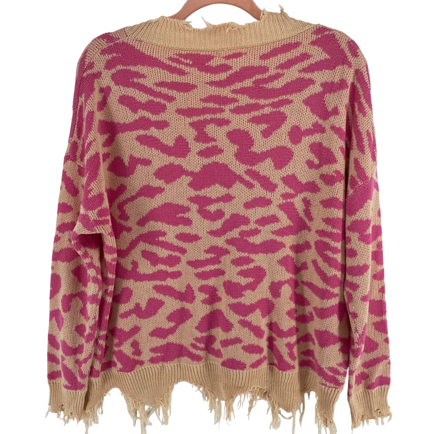 NWOT Main Strip Women's Size Large Peach/Pink Leopard Print Fringe Sweater
