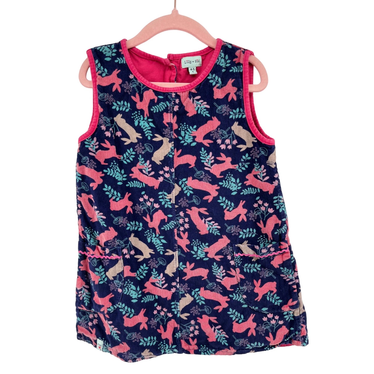 Lilly + Sid Baby Girl's Size 4-5 Years Navy/Pink/Green/Tan Bunny Print Corduroy Dress