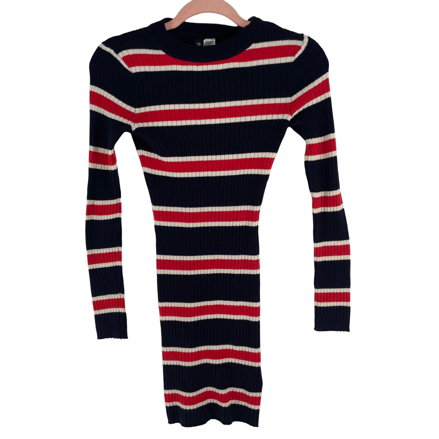 H&M Women's Size 0 Navy/Red/Cream Striped Long-Sleeved Ribbed Bodycon Dress