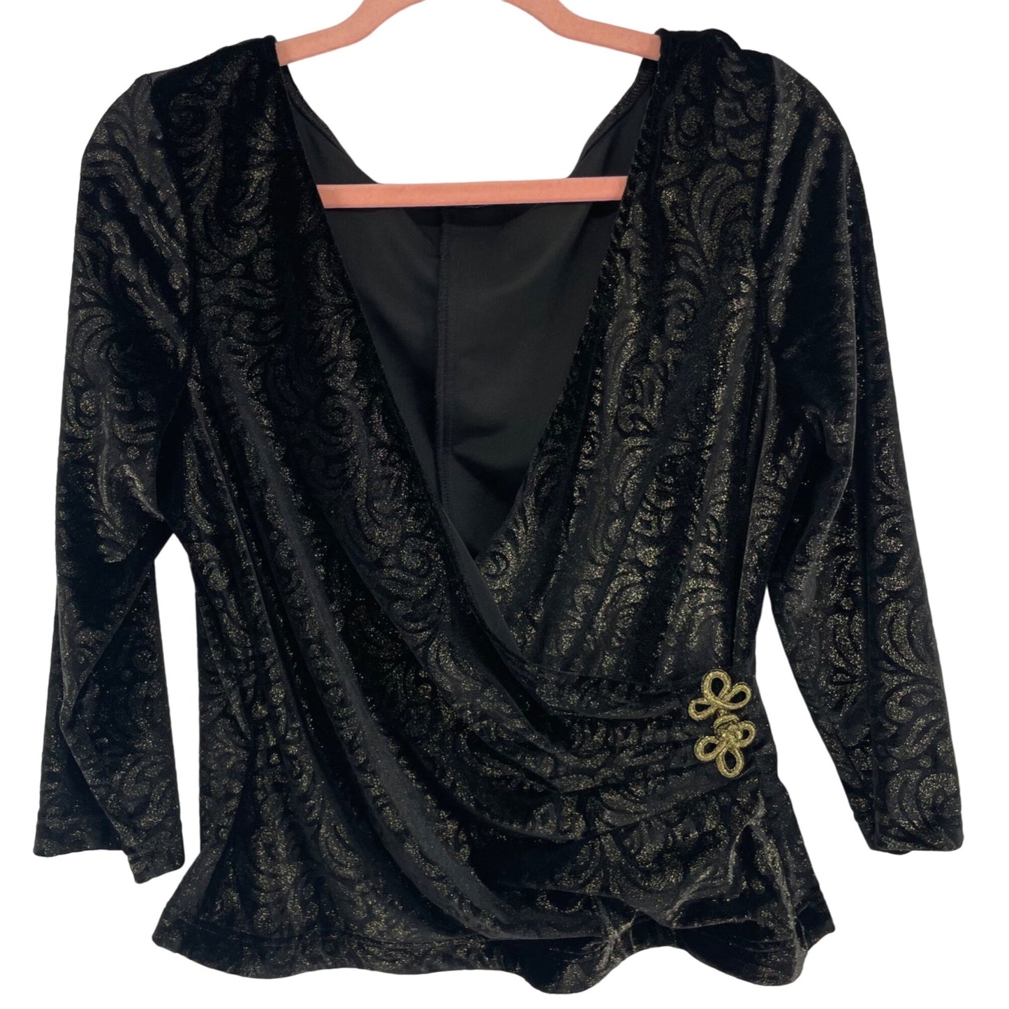 Women's Size Large Black/Gold Velvet Sparkly Plunge Line Formal Top