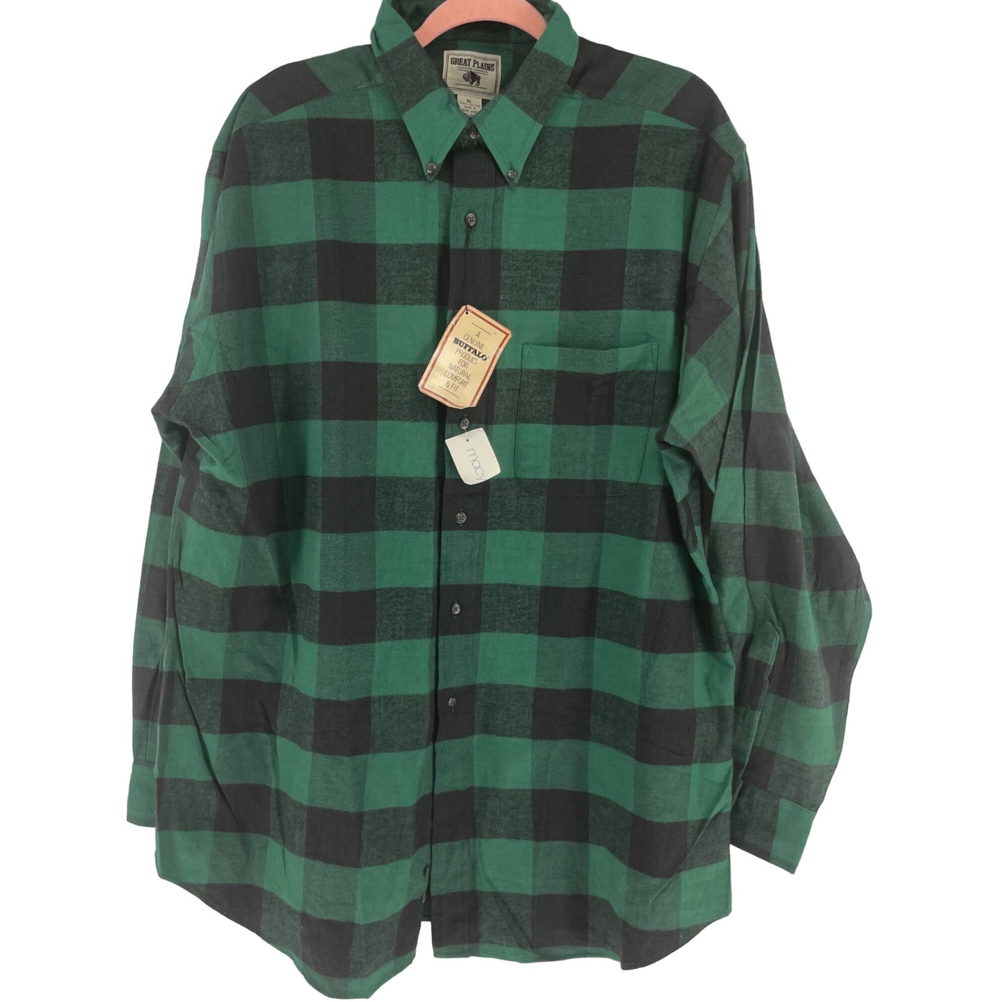 NWT The Great Plains Men's Size XL Green & Black Checkered Plaid Button-Down Flannel Shirt