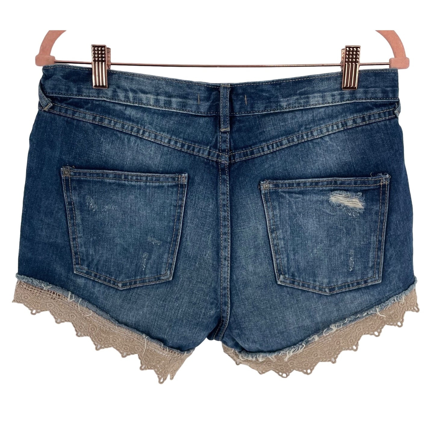 Free People Women's Size W 28 Distressed Blue Jean Denim Shorts W/ Lace Hem