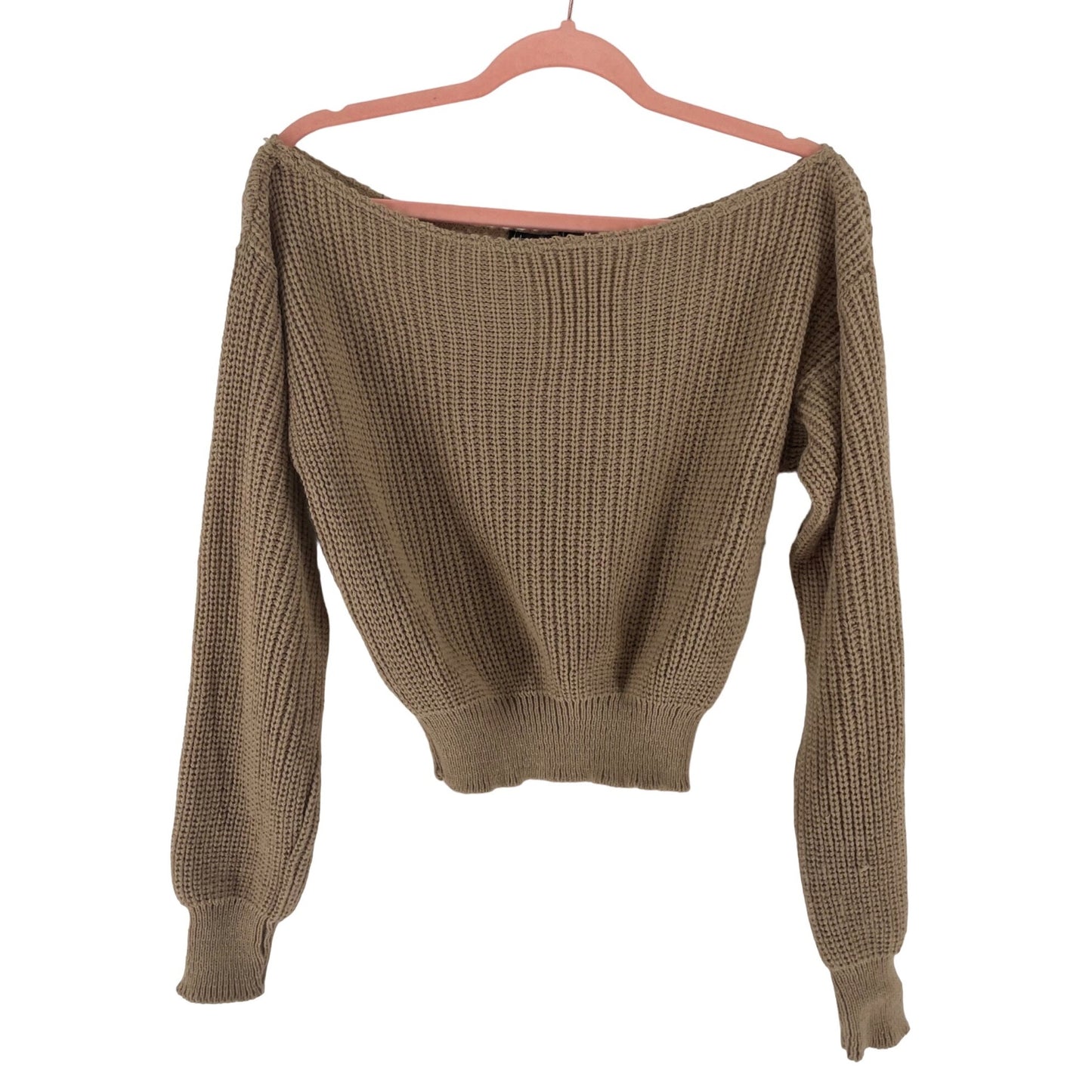 Boohoo Women's Size Small Tan Off-The-Shoulder Cropped Sweater
