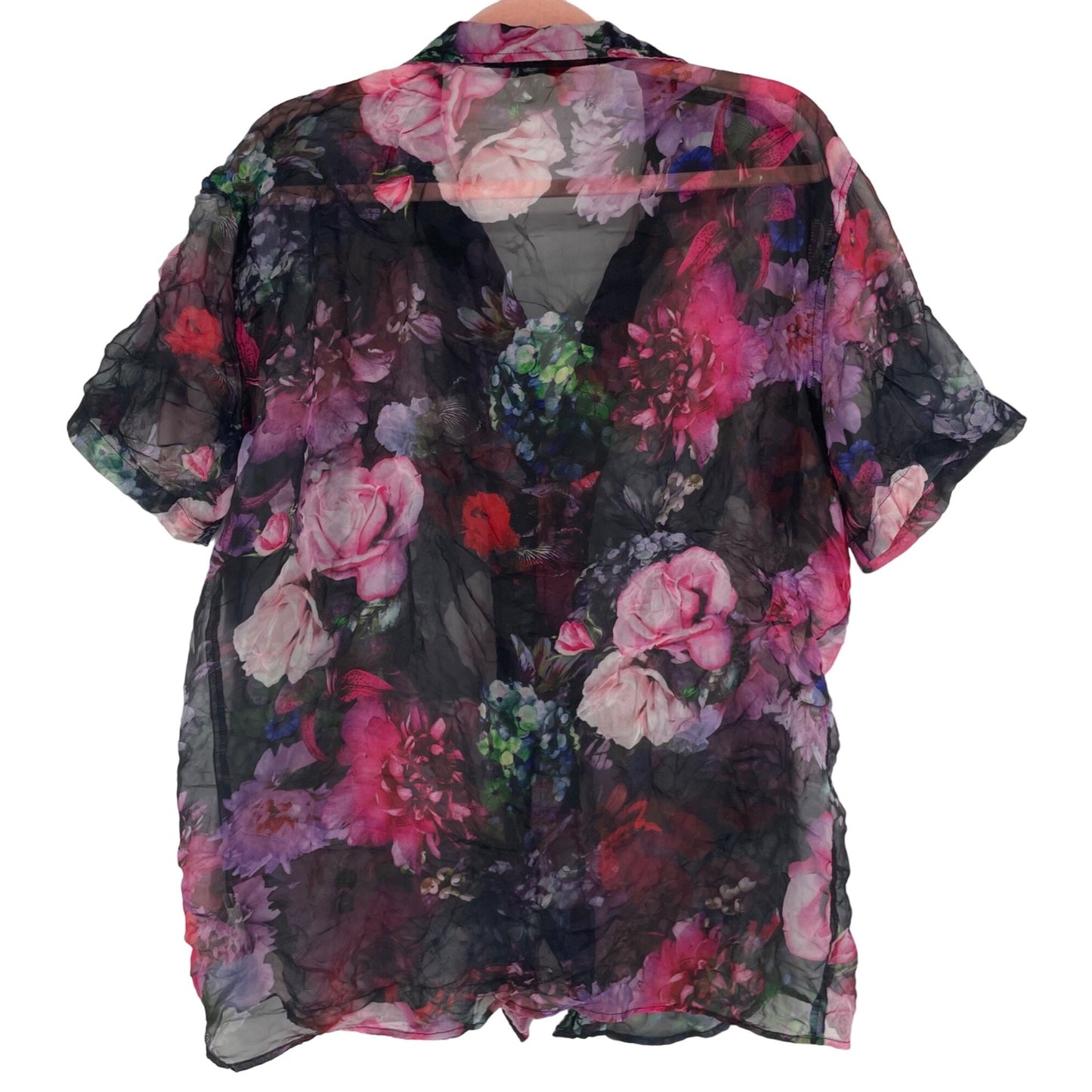 Shein Women's Size XL Short-Sleeved Sheer Button-Down Crinkly Floral Multi-Colored Top