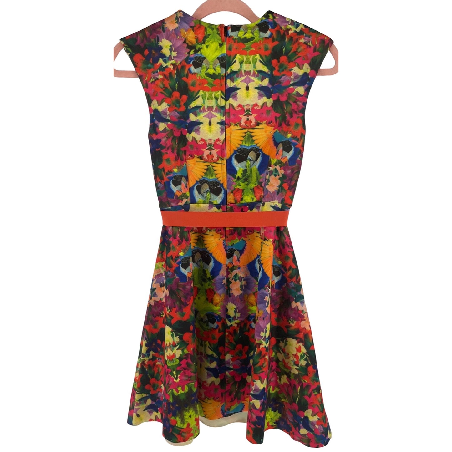 H&M Women's Size 2 Sleeveless Multi-Colored Tropical Print A-Line Dress W/ Belt