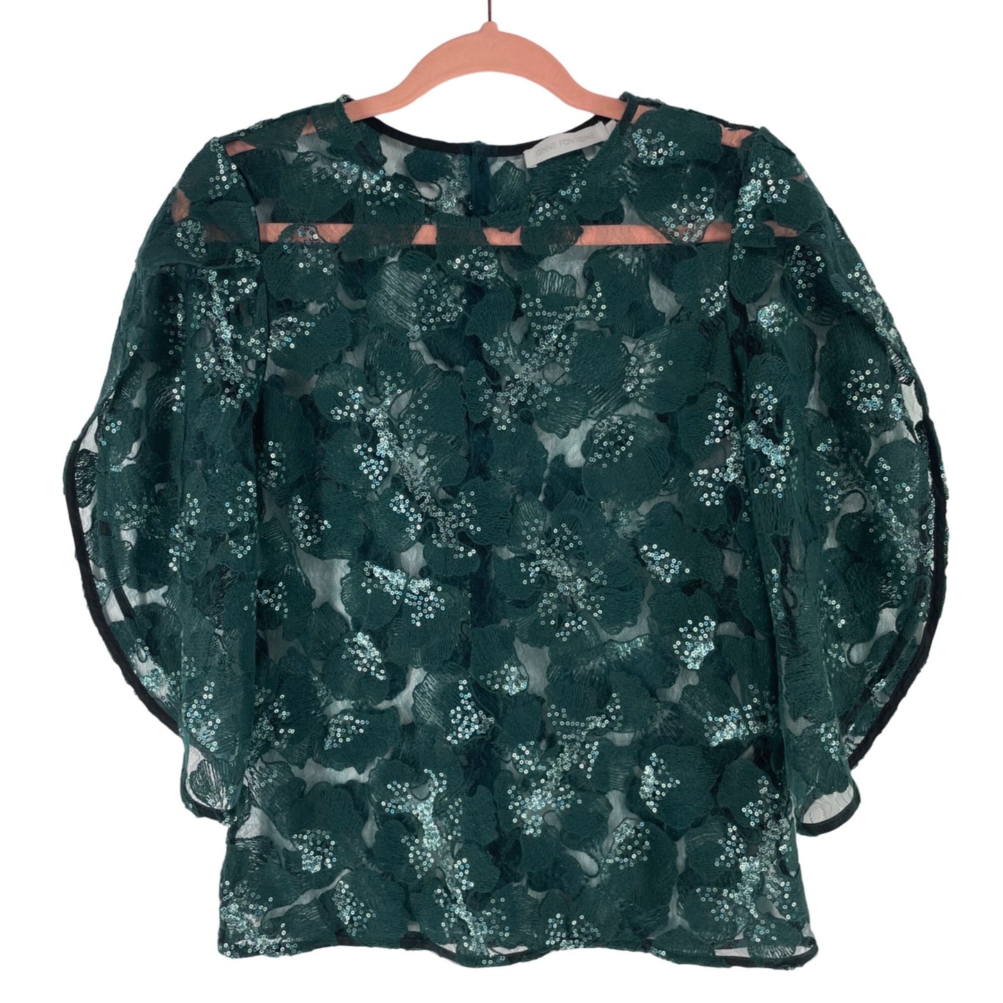 Anne Fontaine Women's Size Medium (38) Forest Green Sparkle Sheer Lace Floral Sequin Top