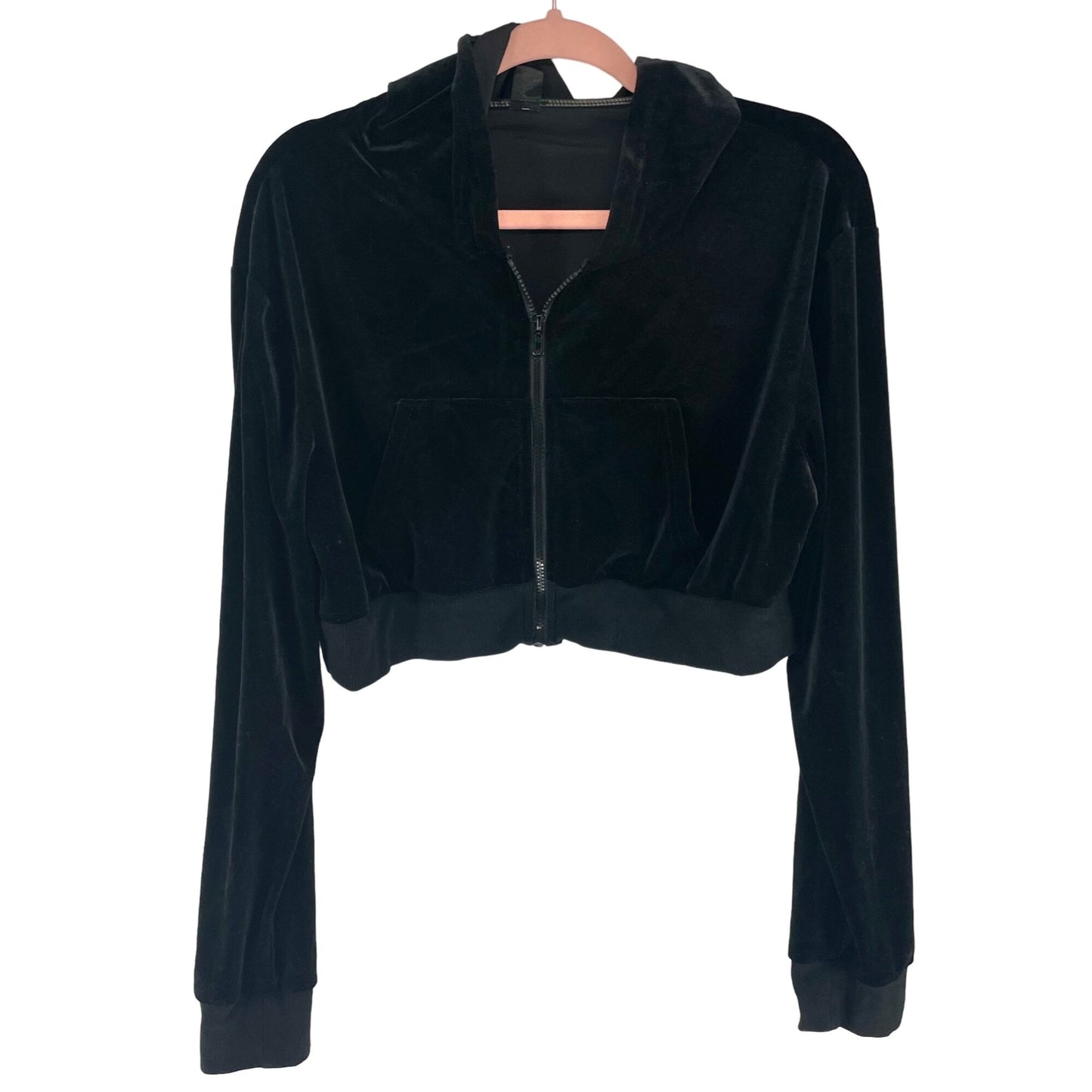 Shein Women's Size Large Black Cropped Zip-Up Plush Velour/Velvet Hoodie Jacket W/ Pockets
