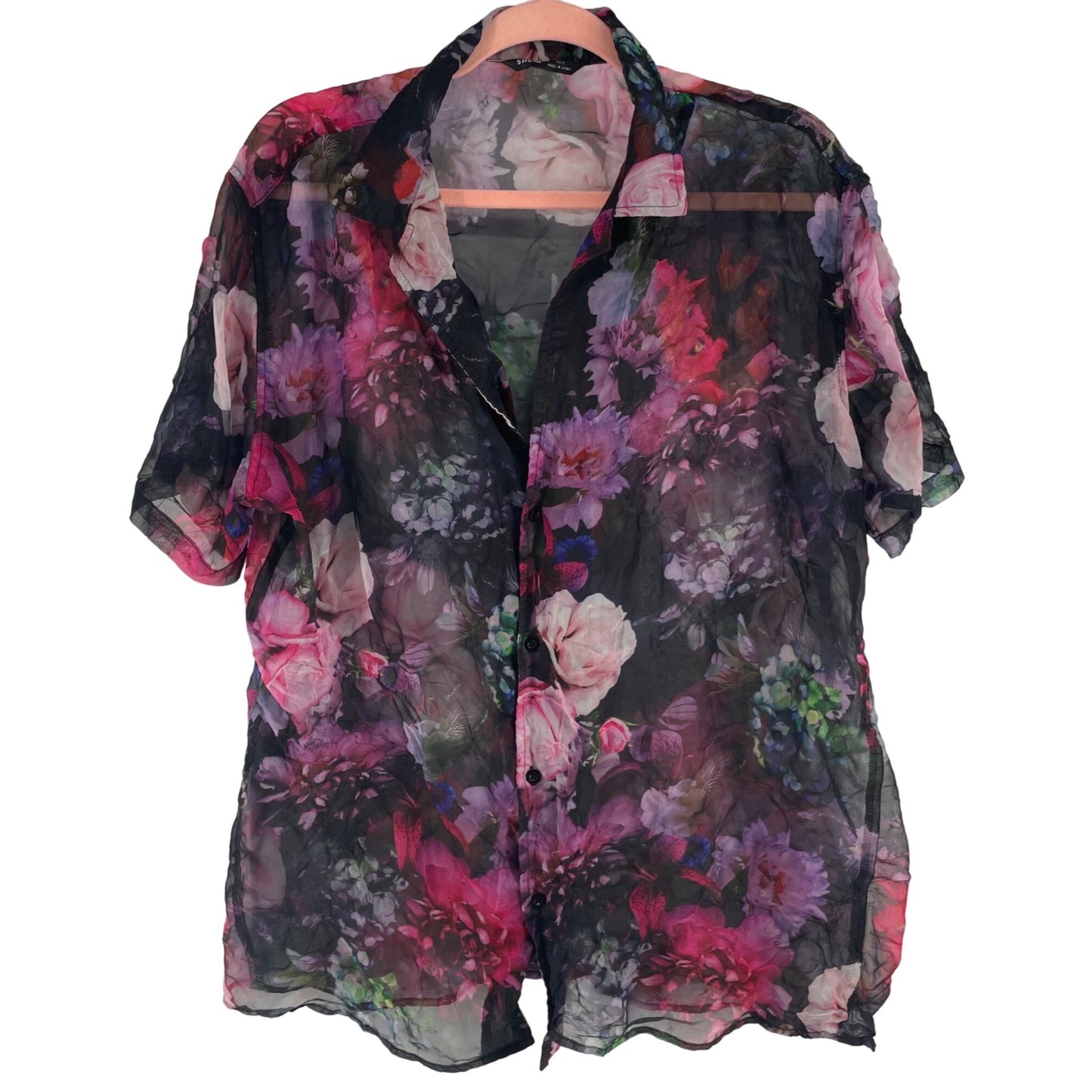 Shein Women's Size XL Short-Sleeved Sheer Button-Down Crinkly Floral Multi-Colored Top
