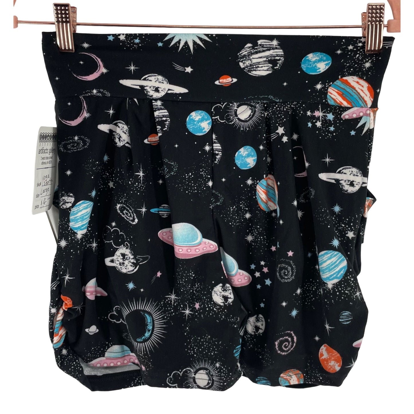 Leggings Depot NWT Women's Size Large Black & Multi-Colored Outer Space Yoga Shorts