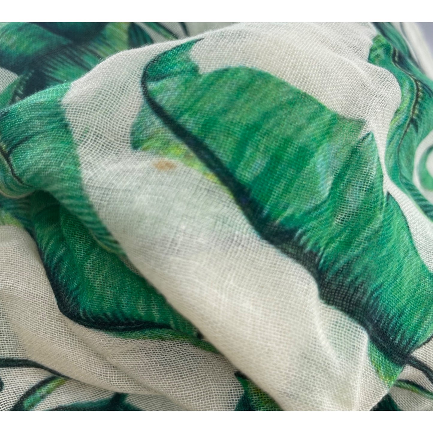 Bindya New York Women's Green & Cream Tropical Leaf Print Sheer Scarf W/ Fringe Tassels