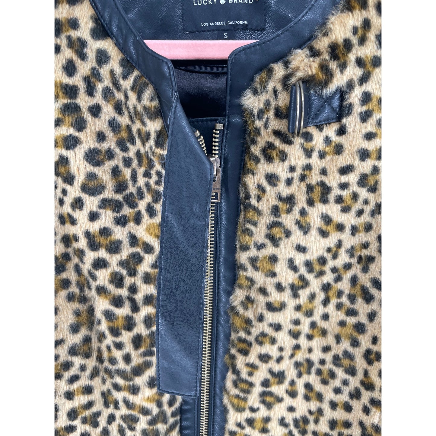 Lucky Brand Women's Small Faux Leopard Print Coat W/ Black Faux Leather Trim
