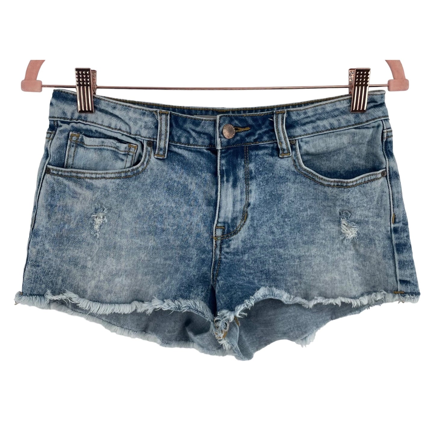 Bullhead Denim Co. Women's Size 27 Low-Rise Blue Jean Denim Shorts W/ Fringe Hem