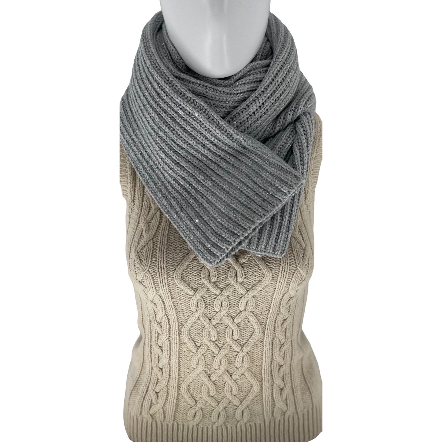 Express Women's Sparkly Grey Knit Scarf W/ Silver Sequins