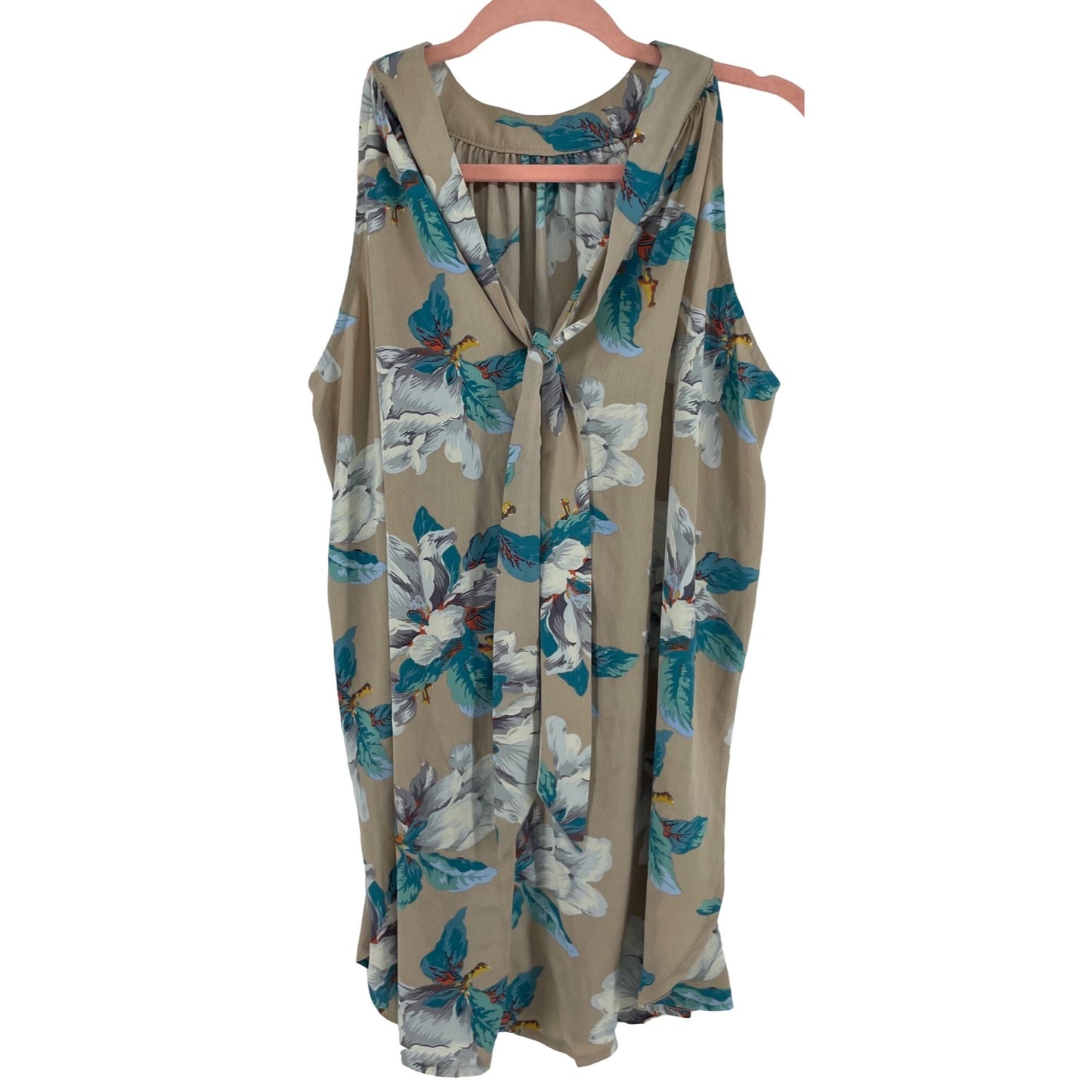 Twelve By OnTwelfth Women's Size Small Sleeveless Summer Floral Print Tan/Aqua Dress W/ Sash