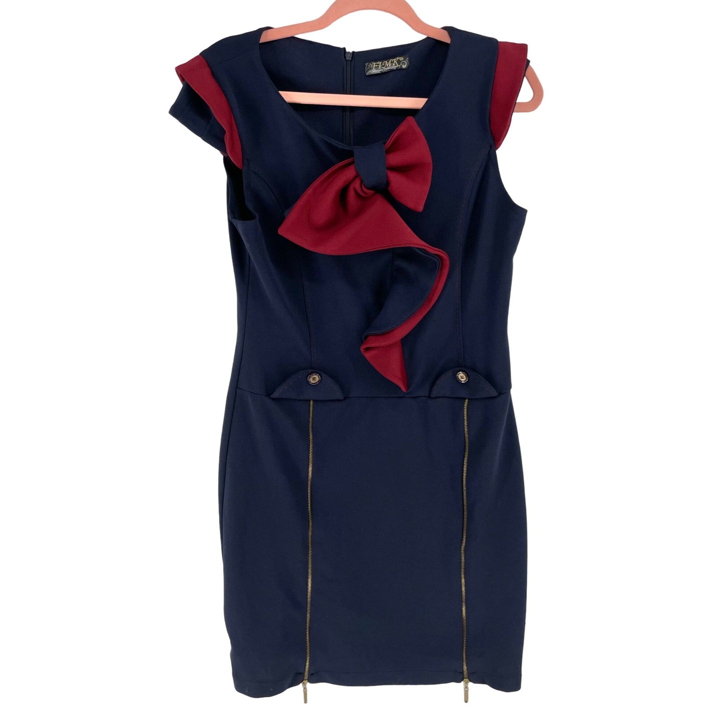 FIMK Women’s Size Medium Navy & Maroon Dress W/ Bow, Zipper & Button Detailing