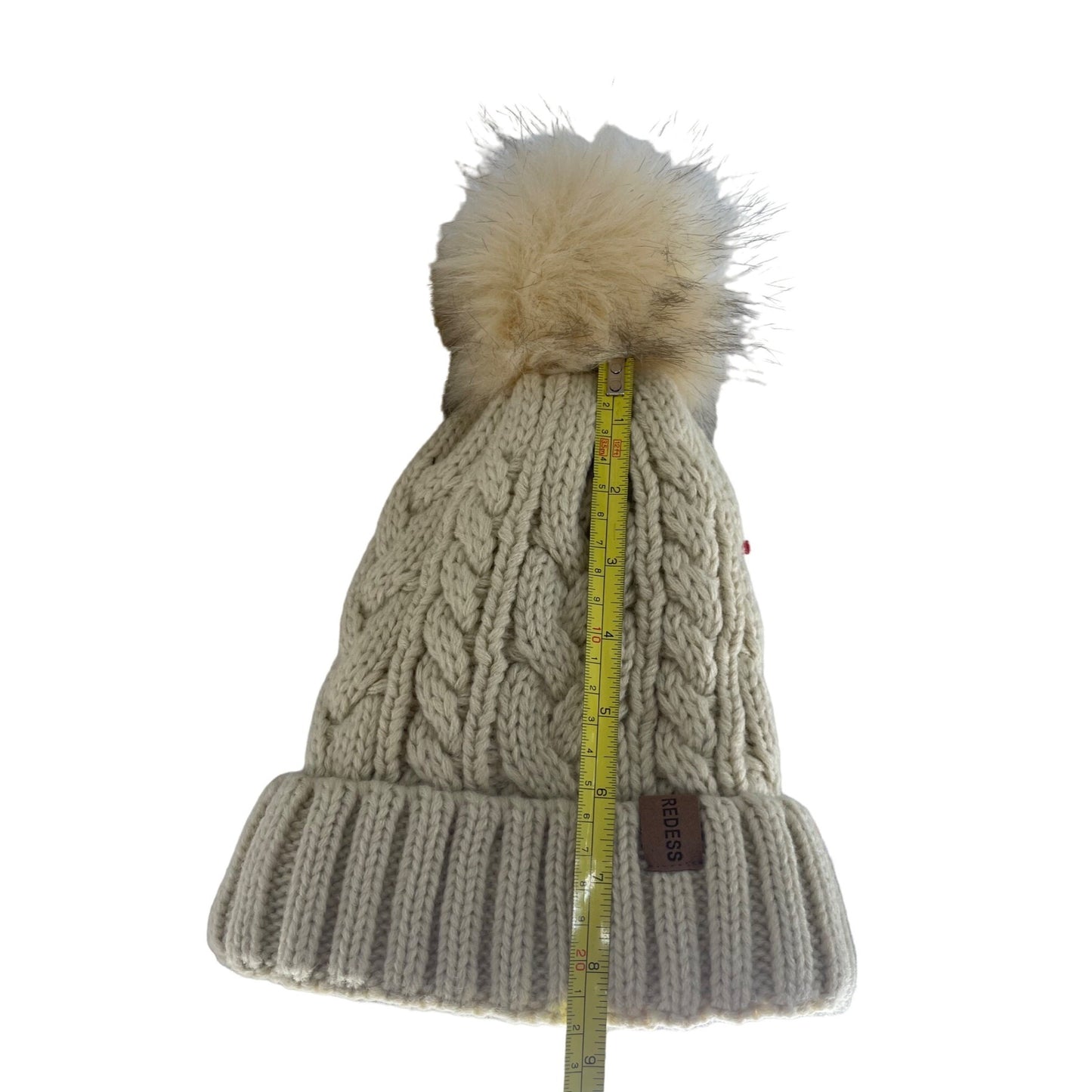Redess Women's Size Small Cream Cable-Knit Faux Fur Pom Pom Beanie