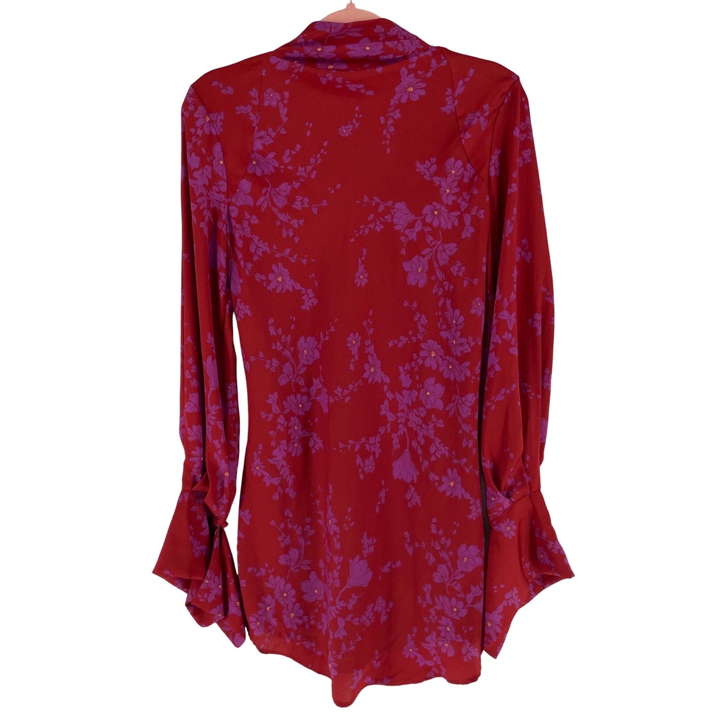 NWT Free People Women's XS Red Dress W/ Purple Flowers, Bell Sleeves & Open Back