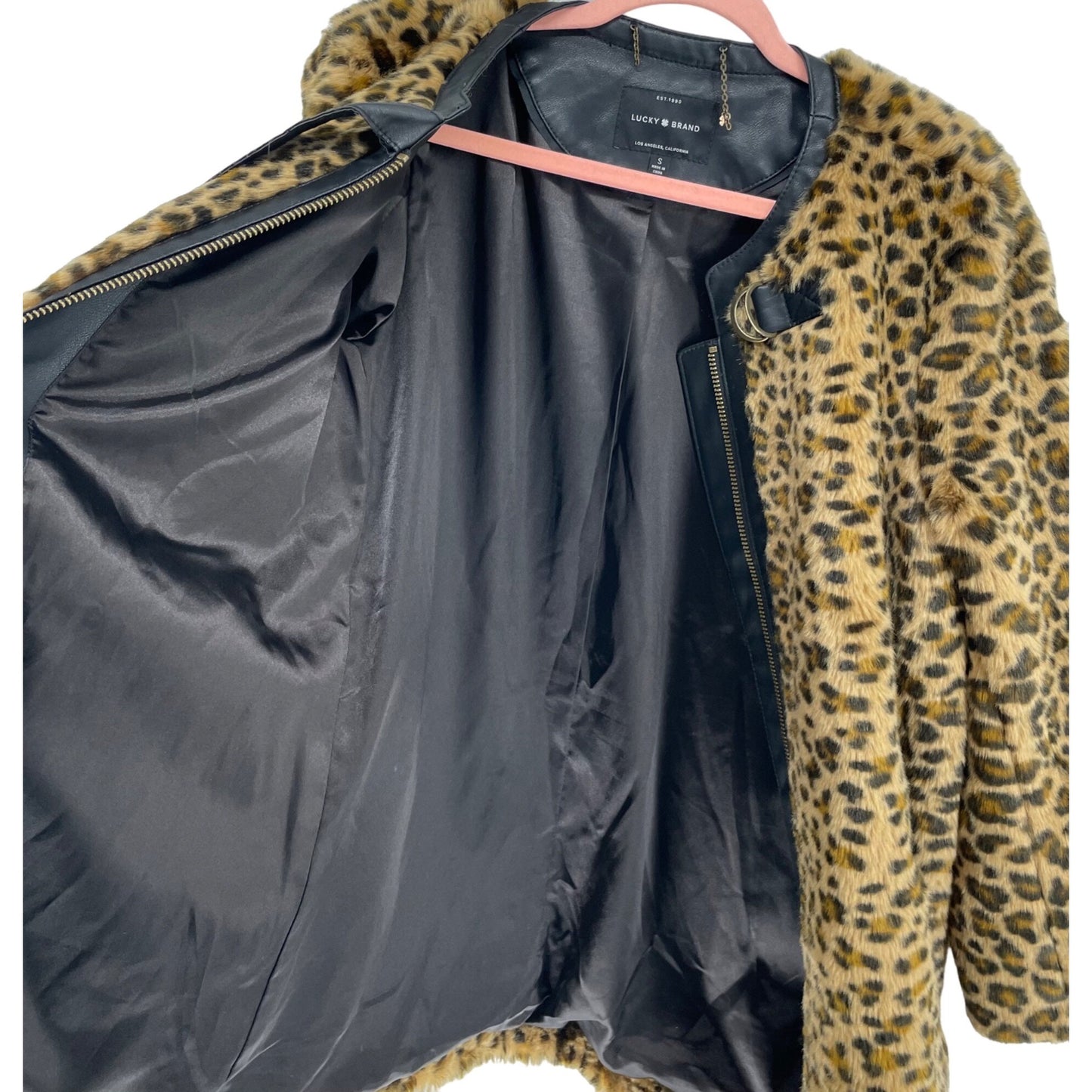 Lucky Brand Women's Small Faux Leopard Print Coat W/ Black Faux Leather Trim