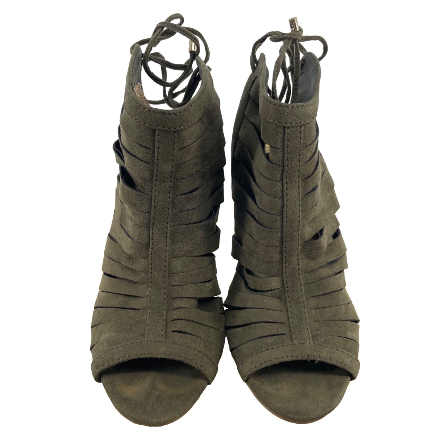 Trash Women's Size 8 Olive Green Suede Peep Toe 4" Heel Sandals W/ Ankle Tie