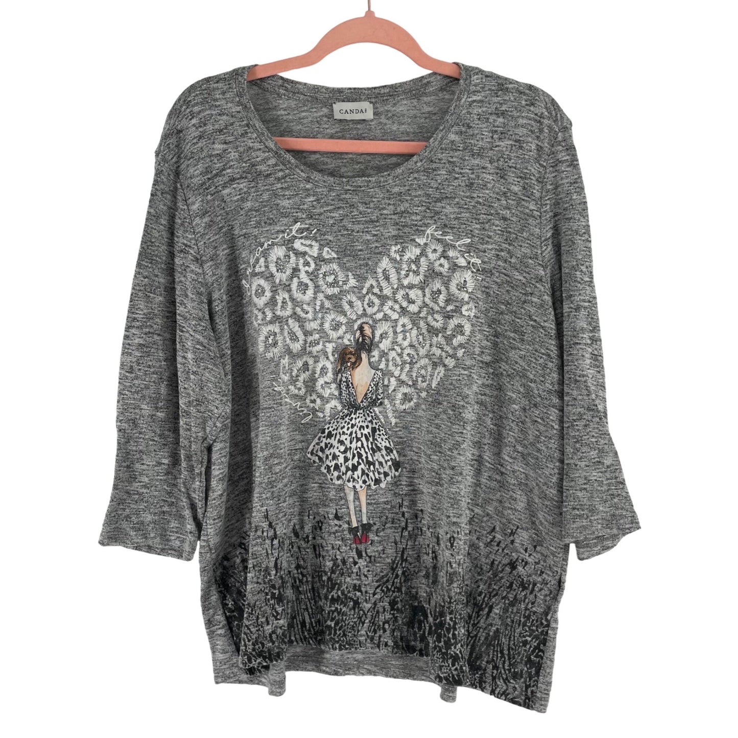 C & A Women’s Size Large Grey 3/4 Length Sleeve Top With Lady & Dog Graphic