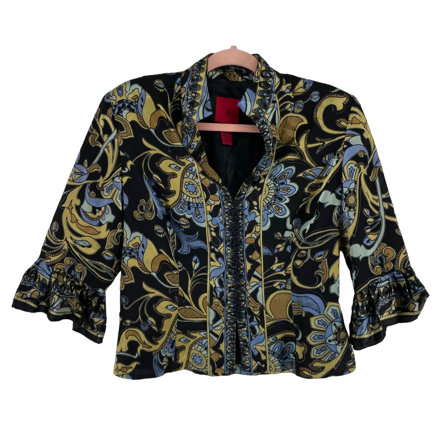 JS Collections Women's Size 10 Black/Gold/Blue/Green Ruffle Sleeve Silk Blazer