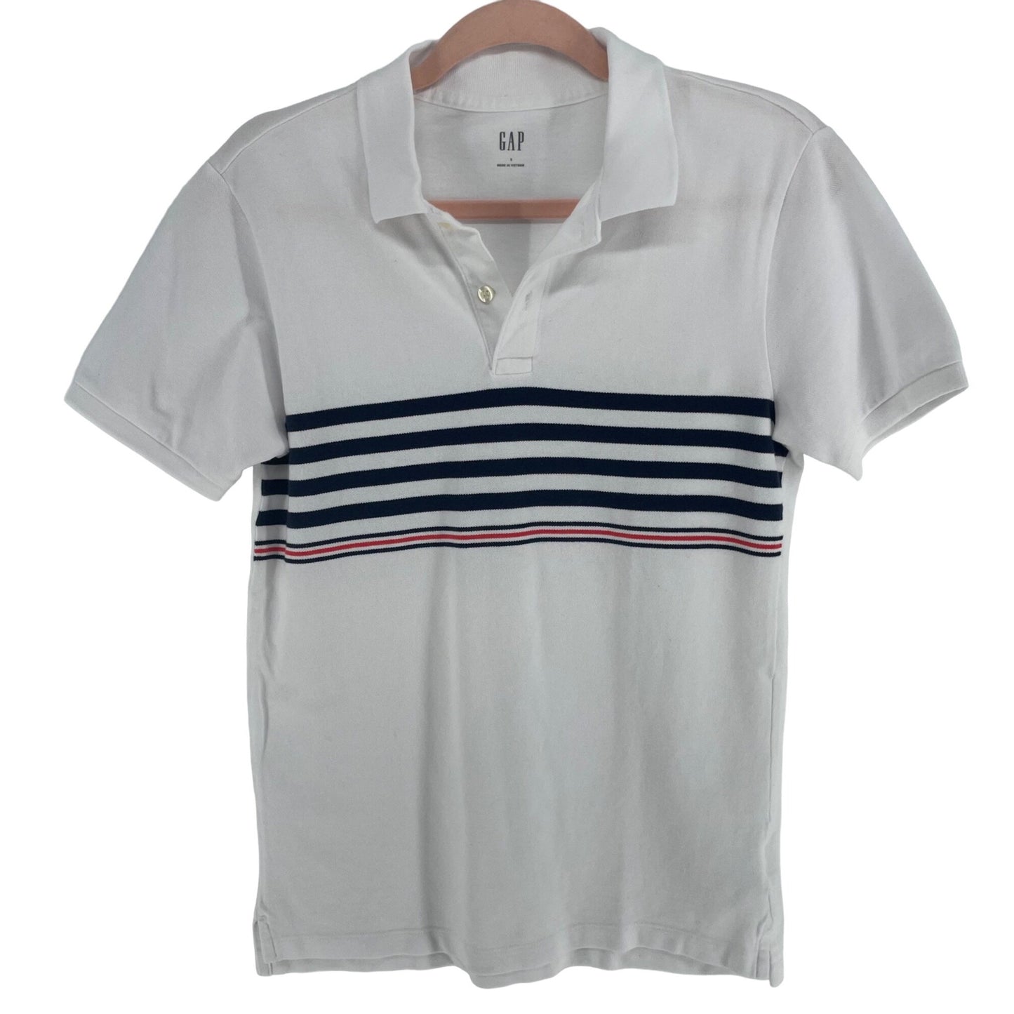 GAP Men's Size Small White/Navy Blue/Orange Striped Polo Shirt