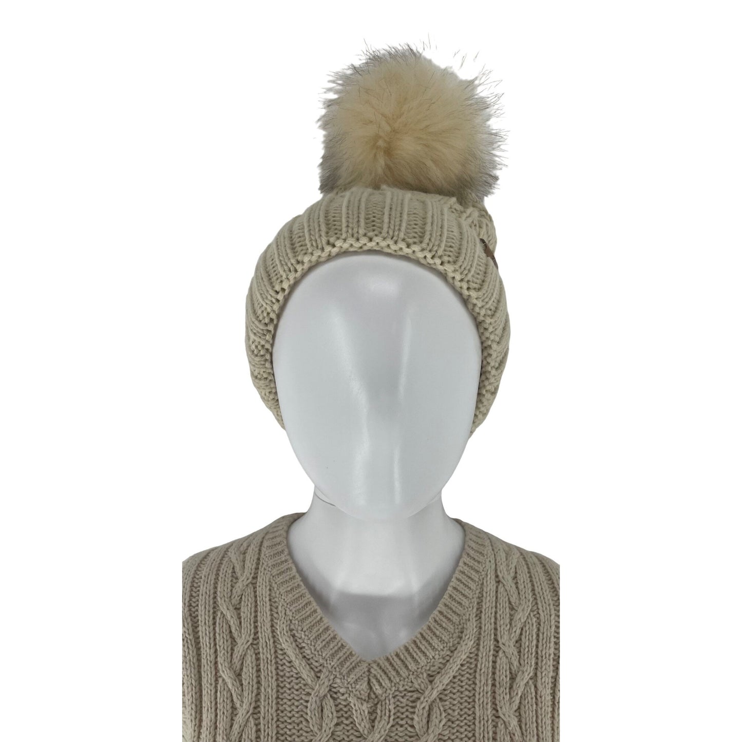 Redess Women's Size Small Cream Cable-Knit Faux Fur Pom Pom Beanie