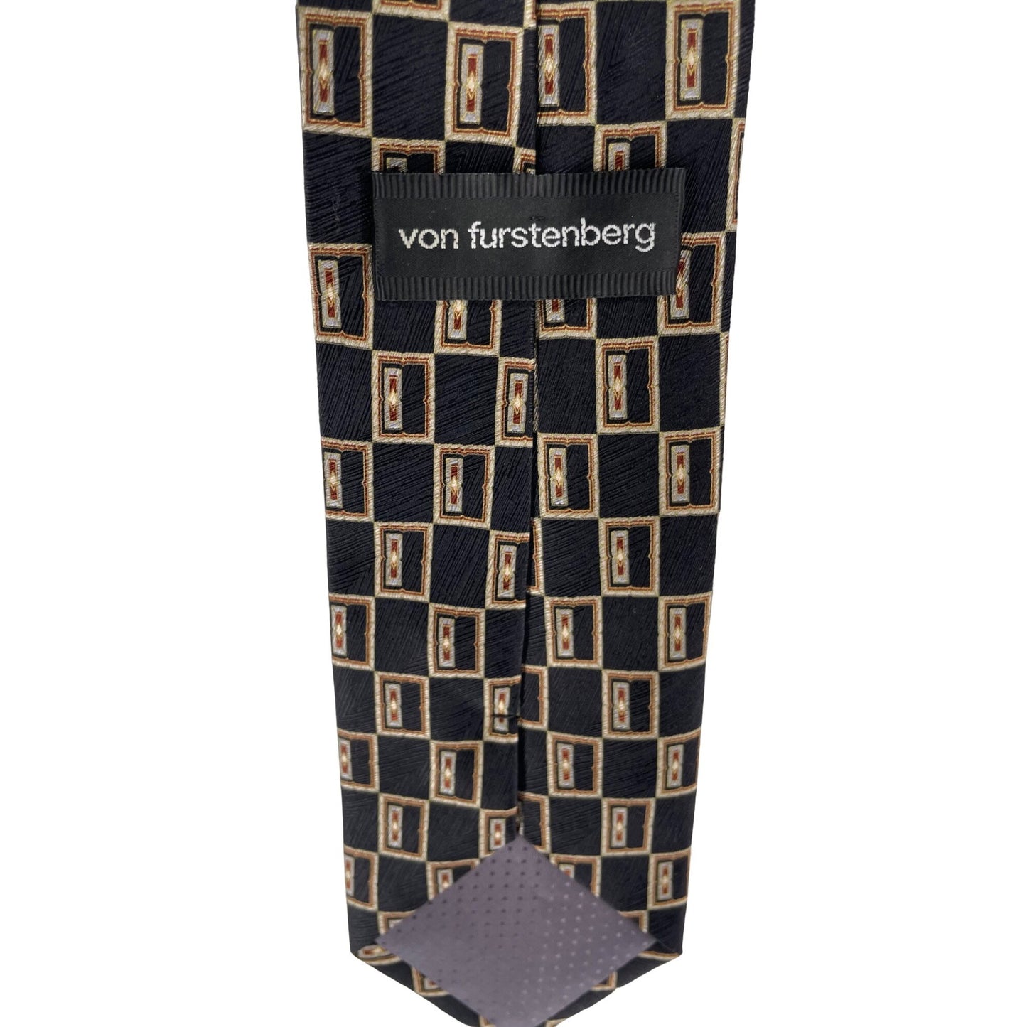 Von Furstenberg Men's Black, Tan & Burnt Orange 100% Silk Dress Tie W/ Rectangle Motif