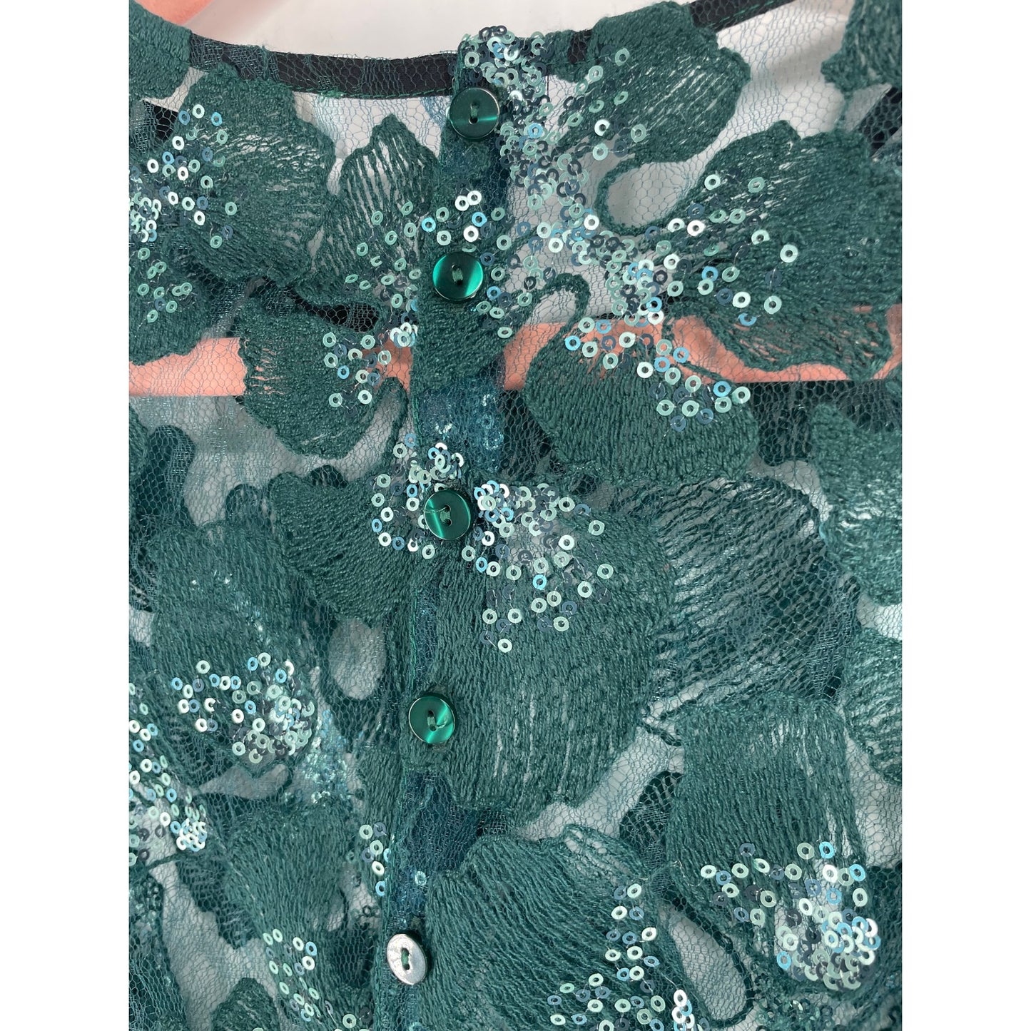 Anne Fontaine Women's Size Medium (38) Forest Green Sparkle Sheer Lace Floral Sequin Top