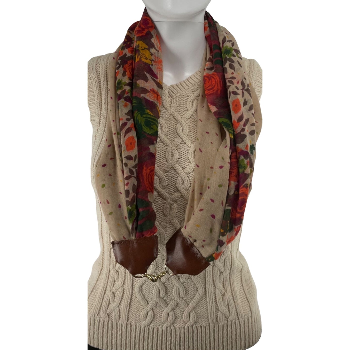 Women's Tan Scarf With Multi-Colored Floral Pattern W/ Hook Clasp